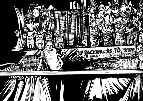 black and white illustration of a carnival game operation. A man in a plain white t-shirt leans in the foreground on the counter. In the background a wall is lined with cat targets that patrons will lob softballs at. The walls are also lined with stuffed animals, prizes for winners.