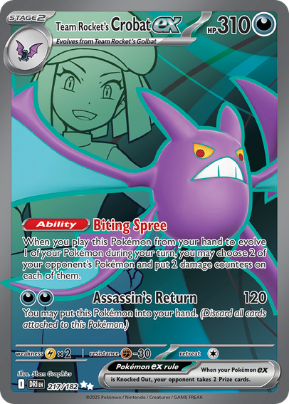 Team Rocket's Crobat ex (Destined Rivals) released 2025/05/30. Illustrated by 5ban Graphics.